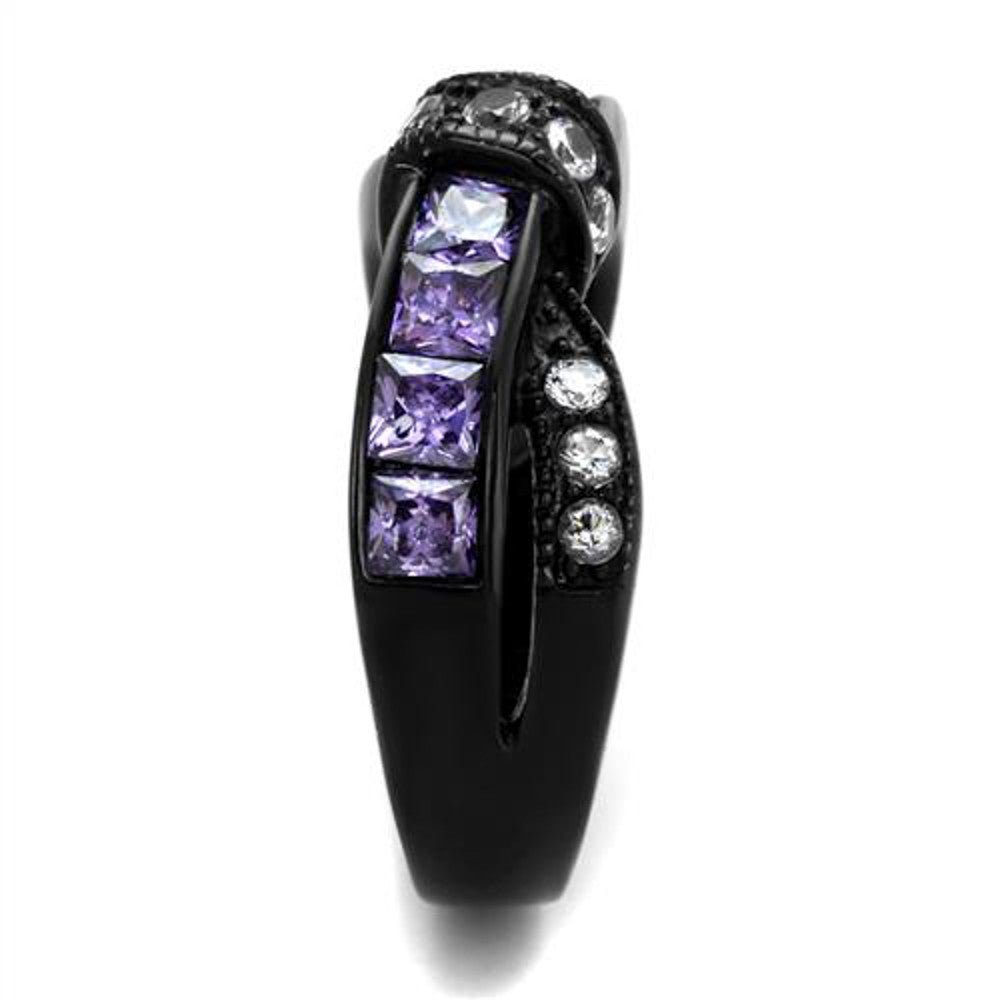 ARTK2140 Stainless Steel 1.75 Ct Amethyst & Clear Zirconia Black Fashion Ring Size 5-10